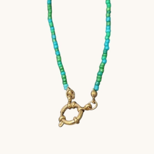 Aramat Jewels beaded necklace with blue and green seed beads and a gold-tone clasp.