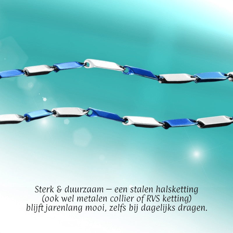 Aramat Jewels bicolor bamboo schakelketting van 316L chirurgisch staal met zilverkleurige en blauwe PVD-schakels.
