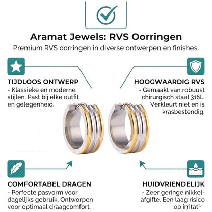 Aramat Jewels bicolor stainless steel hoop earrings with three stripes, 20mm diameter, gold and silver tones.
