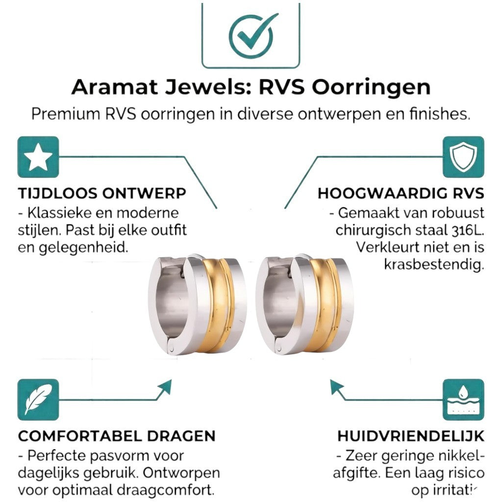 Aramat Jewels bicolor stainless steel hoop earrings with two half-round stripes, gold and silver.