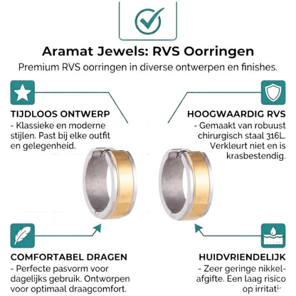 Aramat Jewels bicolor stainless steel huggie hoop earrings with a wide gold stripe, 20mm diameter, 7mm width.