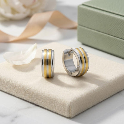Aramat Jewels
 Bicolor RVS klapcreolen for children, 10mm diameter, silver with gold stripes, stainless steel, unisex.