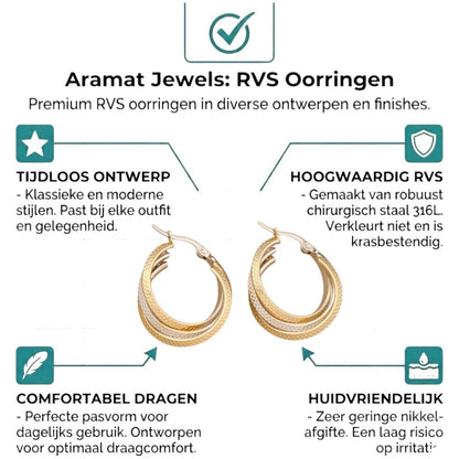 Aramat Jewels bicolor triple hoop earrings with a diamond-cut pattern in gold and silver stainless steel, 35mm diameter.