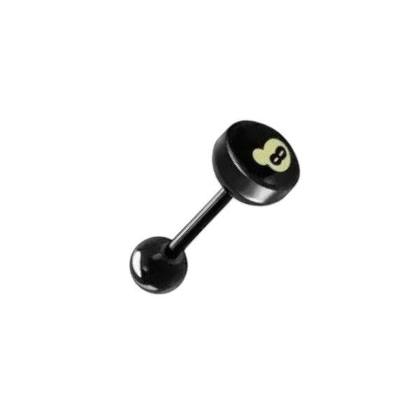 Aramat Jewels black bioplast tongue piercing with a white 8-ball logo design. Features a 16mm bar and 7mm/6mm balls.