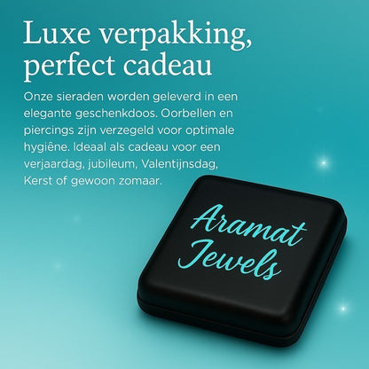 Aramat Jewels black gift box with turquoise logo, perfect for luxury packaging and gifts.