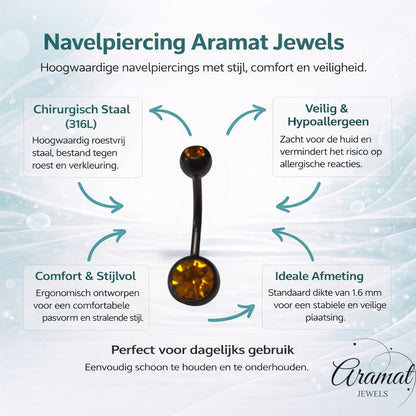 Aramat Jewels black surgical steel navel piercing with amber colored cubic zirconia stones.