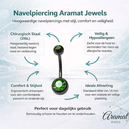 Aramat Jewels black surgical steel navel piercing with a green zirconia stone.