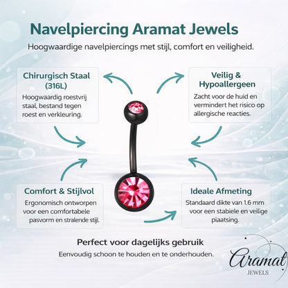 Aramat Jewels black surgical steel navel piercing with pink cubic zirconia stones.