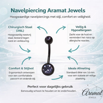 Aramat Jewels black surgical steel navel piercing with a purple zirconia stone.