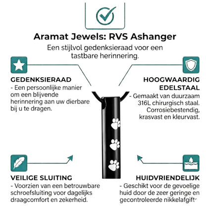 Aramat Jewels black stainless steel cylinder ash pendant with white paw prints, 3.4cm
