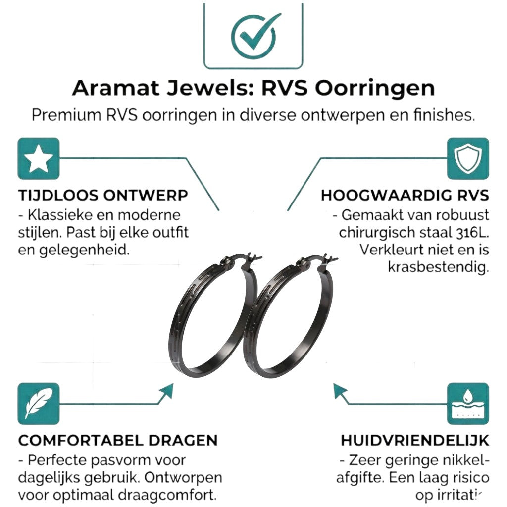 Aramat Jewels black stainless steel hoop earrings with a striped motif and 30mm diameter.