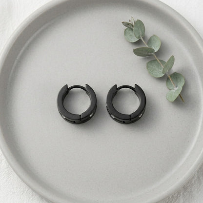 Aramat Jewels black stainless steel huggie hoop earrings with clear cubic zirconia accents, 13mm diameter.