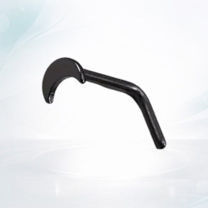 Aramat Jewels black steel curved nose piercing with a 3x2mm moon design.