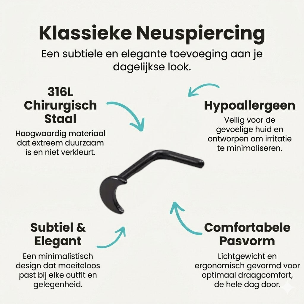 Aramat Jewels black steel curved nose piercing with a 3x2mm moon design.