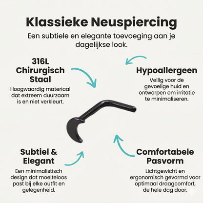 Aramat Jewels black steel curved nose piercing with a 3x2mm moon design.