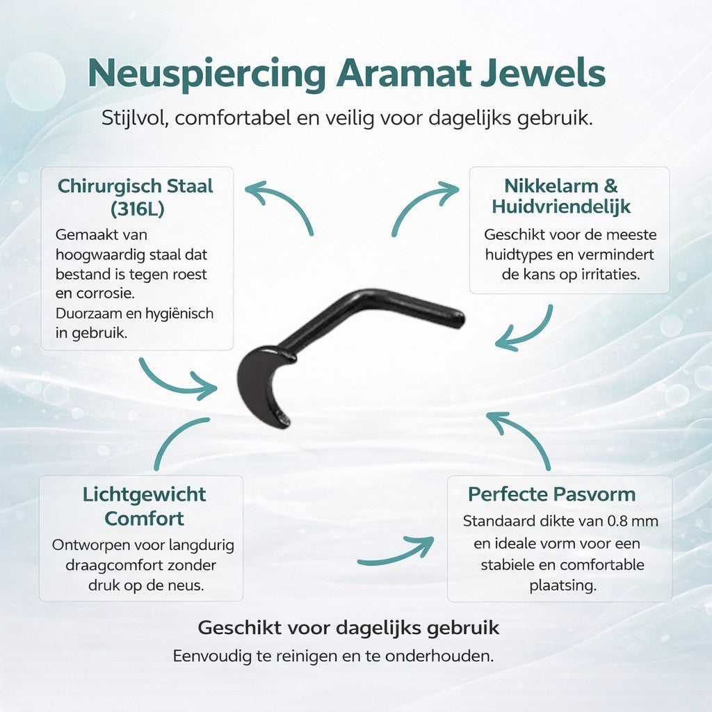 Aramat Jewels black steel curved nose piercing with a 3x2mm moon design.