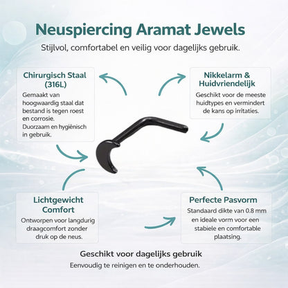 Aramat Jewels black steel curved nose piercing with a 3x2mm moon design.