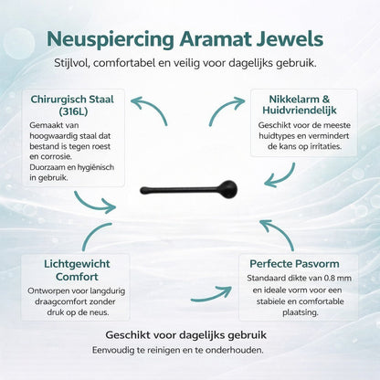 Aramat Jewels black steel nose stud with a 2mm ball end. Minimalist design for everyday wear.