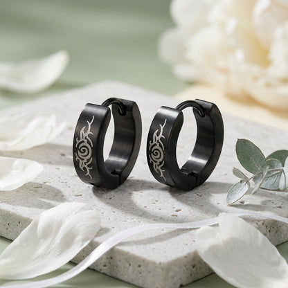 Aramat Jewels black stainless steel huggie hoop earrings with tribal design, 14mm diameter.