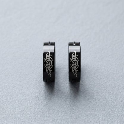 Aramat Jewels black stainless steel tribal huggie hoop earrings, 14mm diameter.