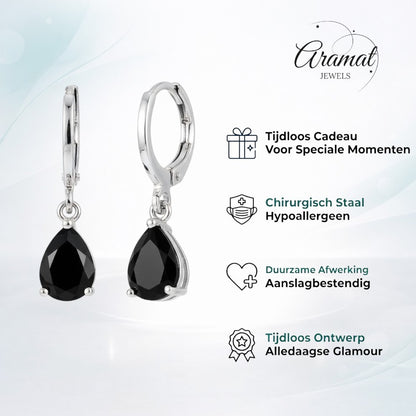 Aramat Jewels silver-tone mini hoop earrings with black pear-cut zirconia drop.