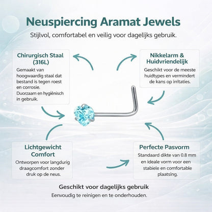 Aramat Jewels silver L-shaped nose piercing with a small blue heart-shaped cubic zirconia.