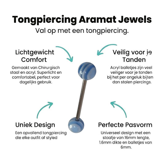 Aramat Jewels blue and white striped acrylic tongue piercing with a silver steel bar.