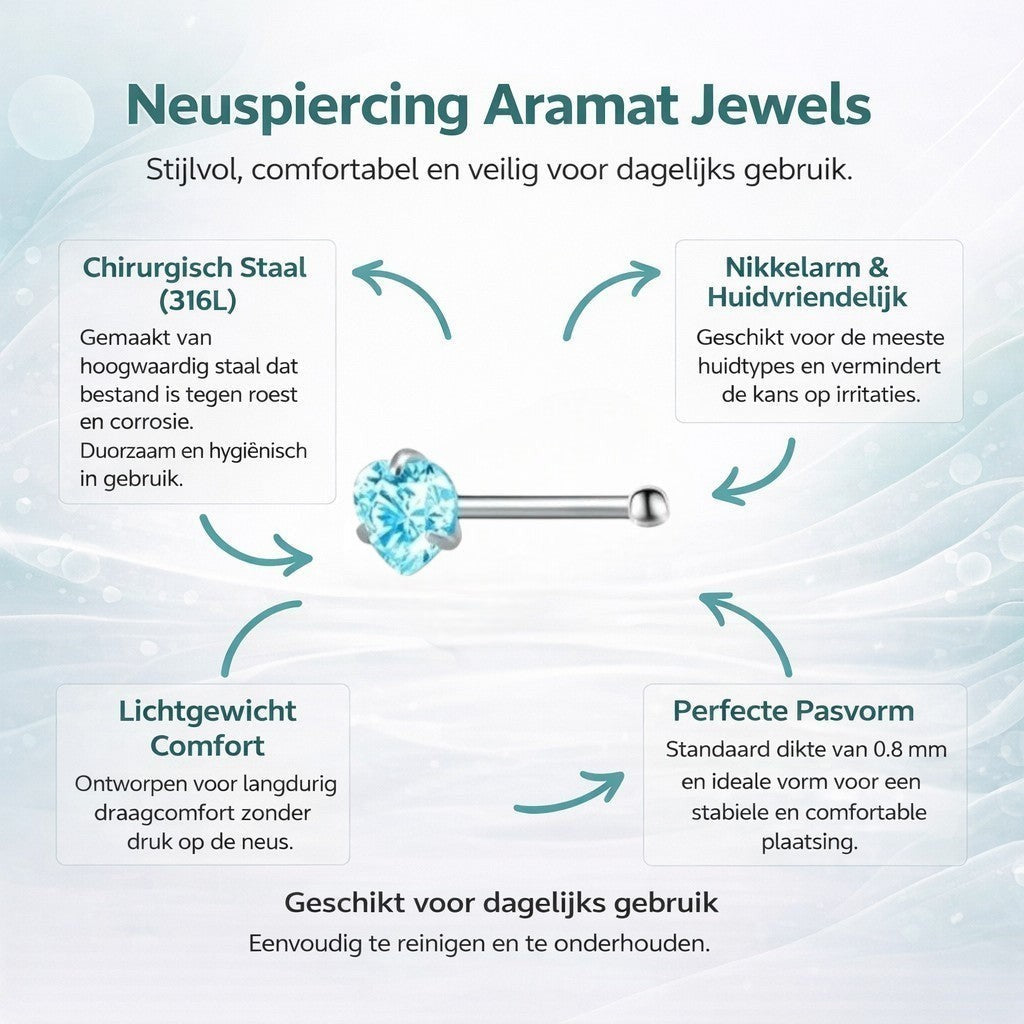 Aramat Jewels silver-colored steel nose piercing with a blue heart-shaped zirconia stone.