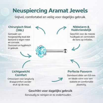 Aramat Jewels silver-colored steel nose piercing with a blue heart-shaped zirconia stone.