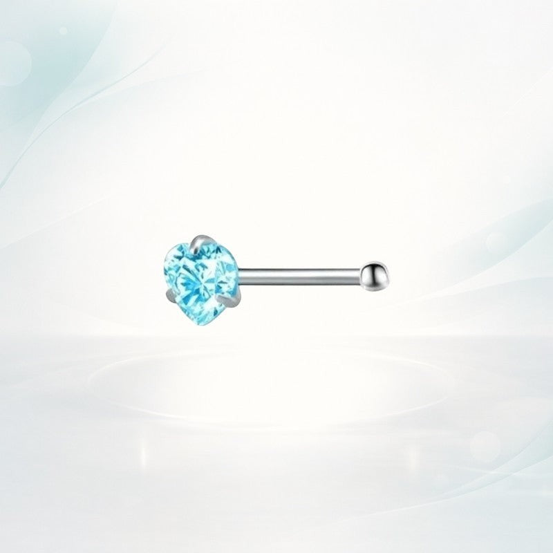 Aramat Jewels silver-tone steel nose piercing with a blue heart-shaped zirconia.