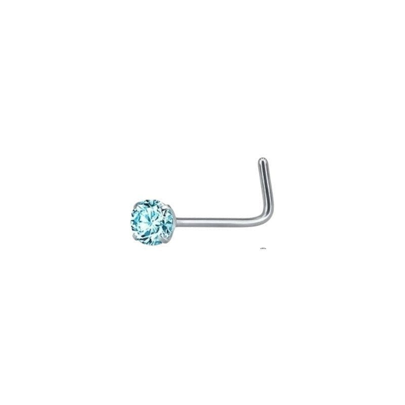 Aramat Jewels stainless steel nose piercings with blue cubic zirconia in round, heart, and star shapes.