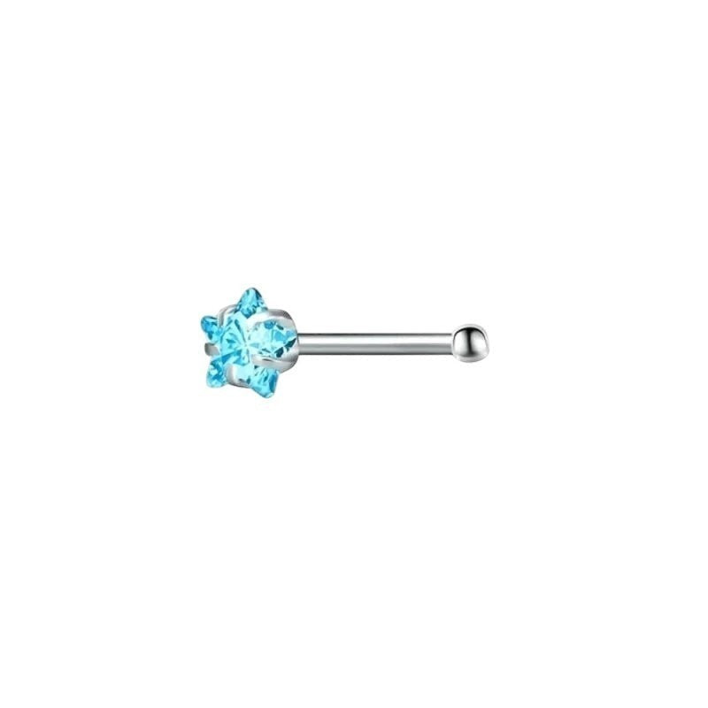 Aramat Jewels silver-colored steel nose piercing with a blue zirconia stone and a straight bar.