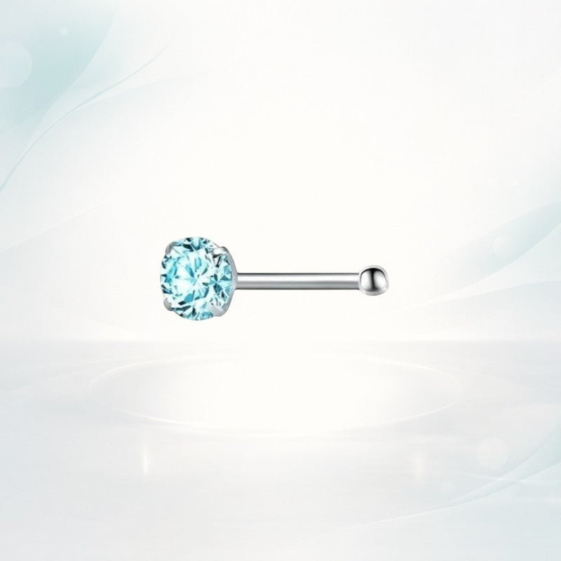 Aramat Jewels silver-tone steel nose piercing with a round light blue cubic zirconia stone and a straight post.