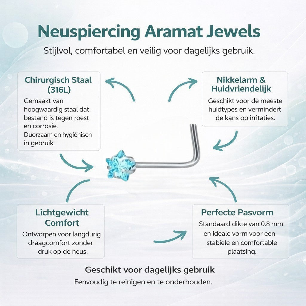 Aramat Jewels silver steel nose piercing with a blue zirconia stone.