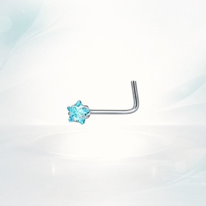 Aramat Jewels silver steel L-shaped nose piercing with a sparkling blue zirconia stone.