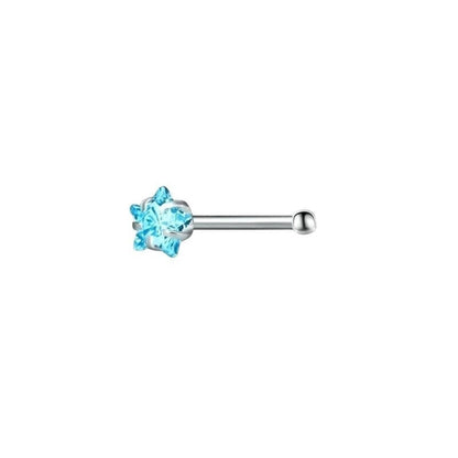 Aramat Jewels silver-tone steel nose studs with blue cubic zirconia in round, star, and heart shapes.