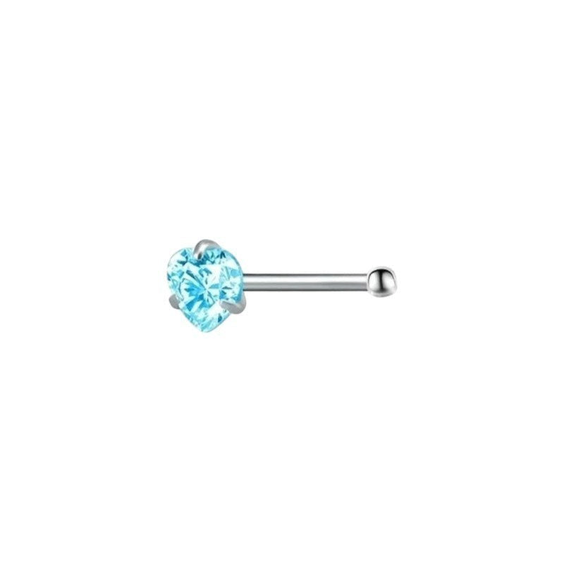 Aramat Jewels silver-tone steel nose studs with blue cubic zirconia in round, star, and heart shapes.