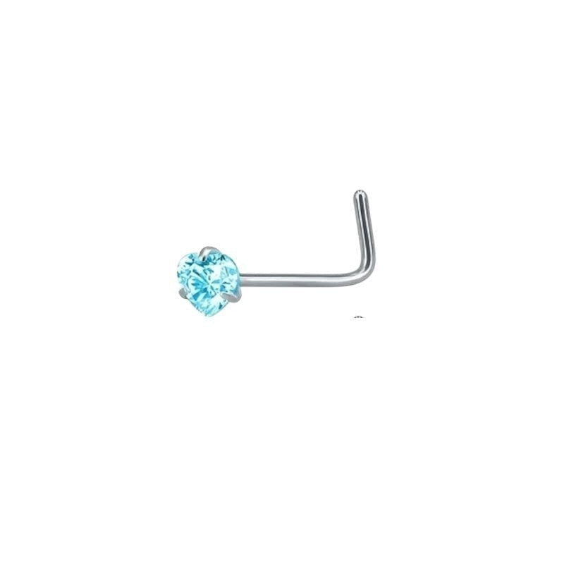 Aramat Jewels silver L-shaped nose studs with blue cubic zirconia in round, heart, and star shapes.