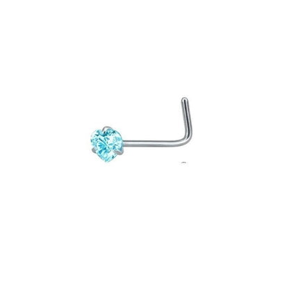 Aramat Jewels silver L-shaped nose studs with blue cubic zirconia in round, heart, and star shapes.