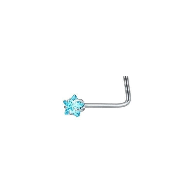 Aramat Jewels silver L-shaped nose studs with blue cubic zirconia in round, heart, and star shapes.