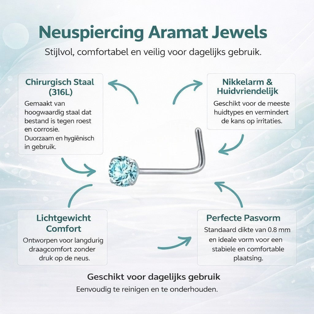 Aramat Jewels silver steel L-shaped nose piercing with a round blue zirconia stone.