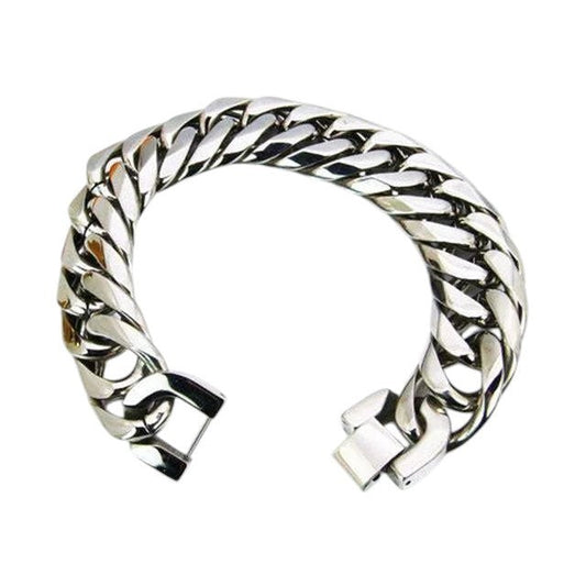 Brede zilverkleurige Aramat Jewels Cuban schakelarmband van RVS met een robuust gourmet design van 22cm bij 19mm.