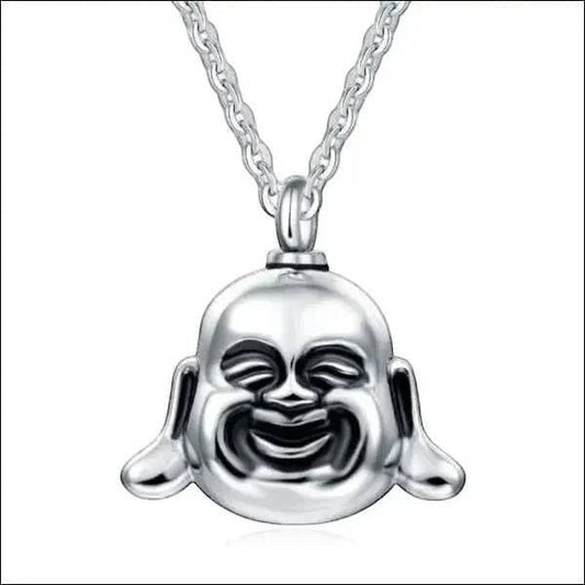 Aramat Jewels silver stainless steel Buddha ash urn pendant necklace for ashes, 4x3cm with 45cm chain.