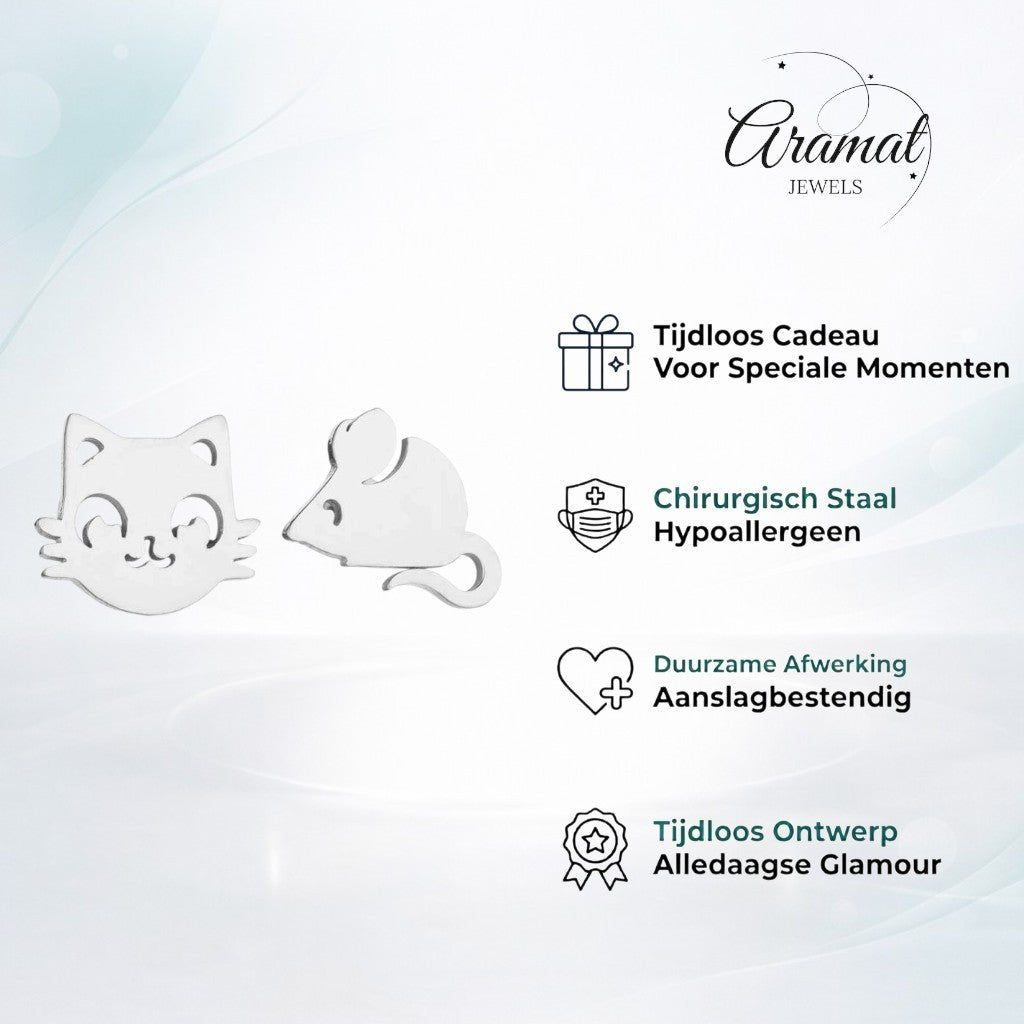 Aramat Jewels silver-tone stainless steel cat and mouse stud earrings, 10mm.