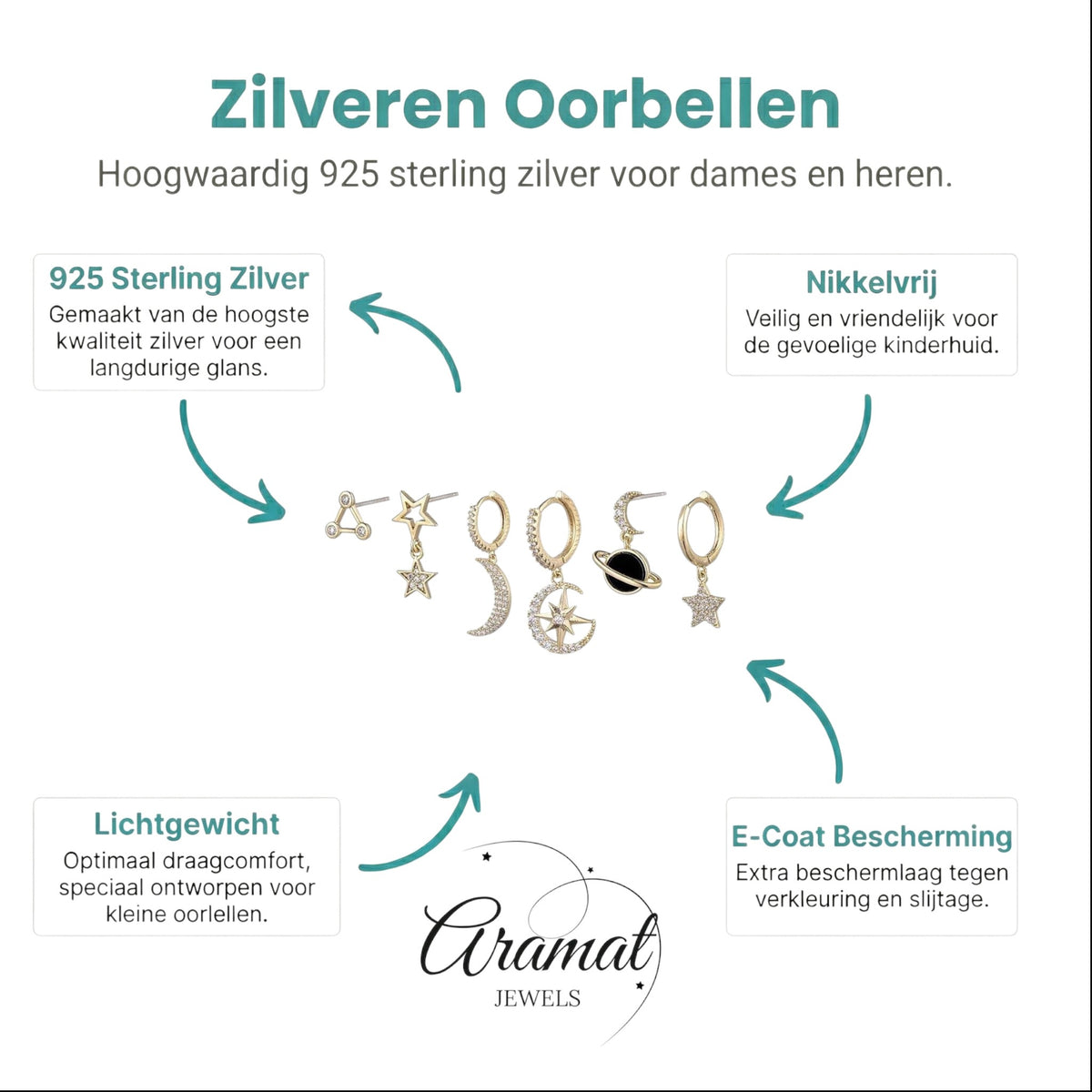 Aramat Jewels set of 6 gold-tone earrings with celestial motifs: stars, moons, and a planet.