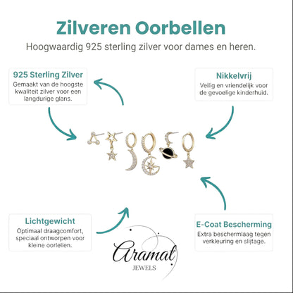 Aramat Jewels set of 6 gold-tone earrings with celestial motifs: stars, moons, and a planet.