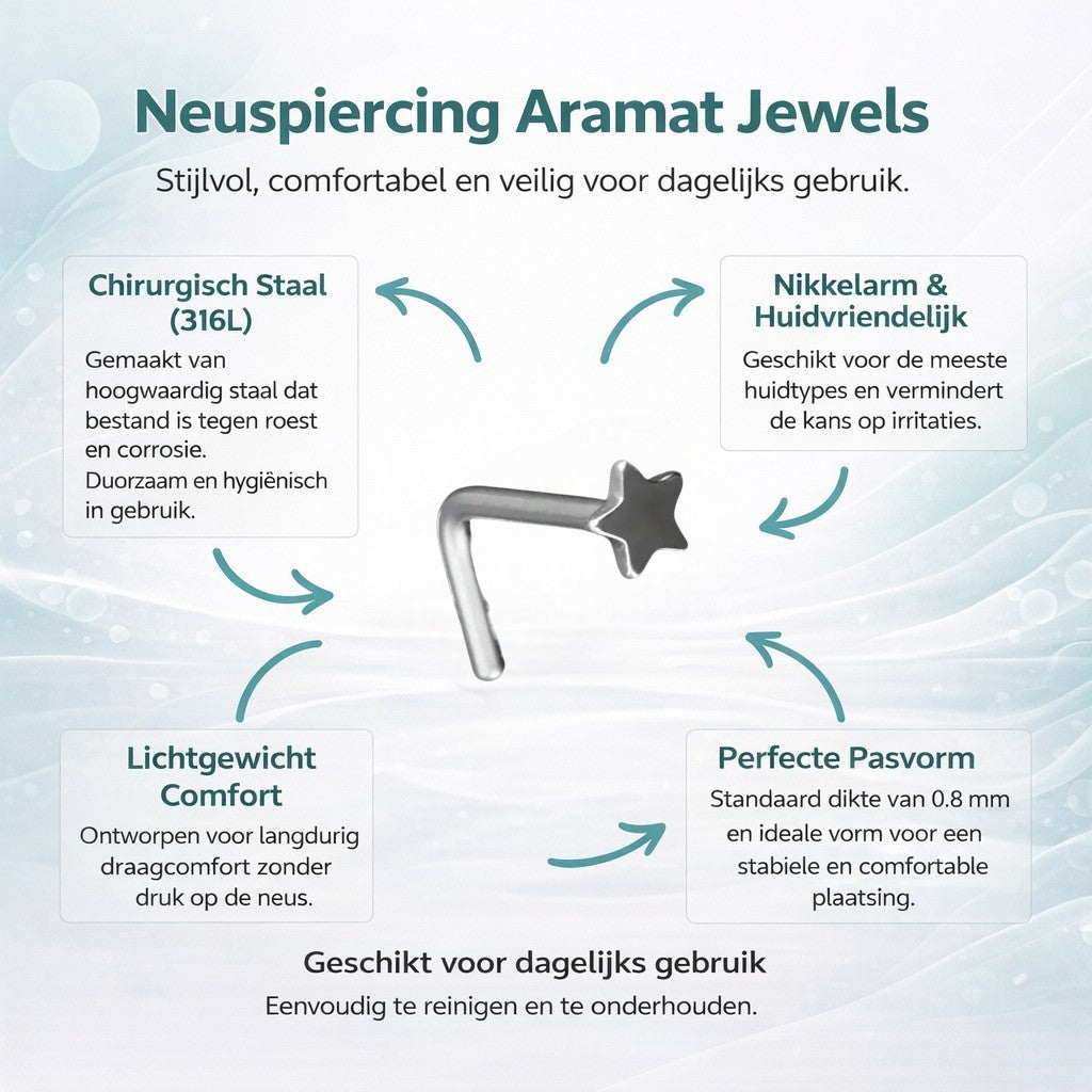 Aramat Jewels silver-colored steel curved nose piercing with a 3mm star.