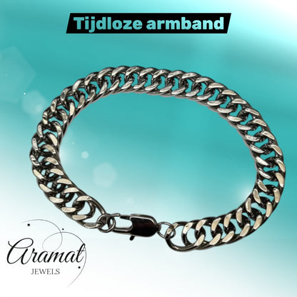 Aramat Jewels dubbele gourmet armband in zilverkleurig staal, 10mm breed en 20cm lang, met karabijnsluiting.