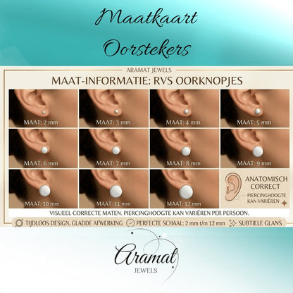 Aramat Jewels size chart for stud earrings showing various sizes from 2mm to 12mm on ears.