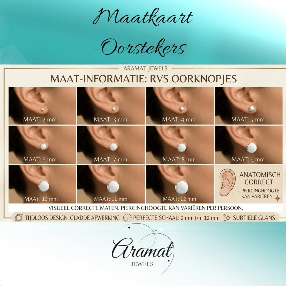 Aramat Jewels size chart for RVS stud earrings, showing various sizes from 2mm to 12mm on ears.